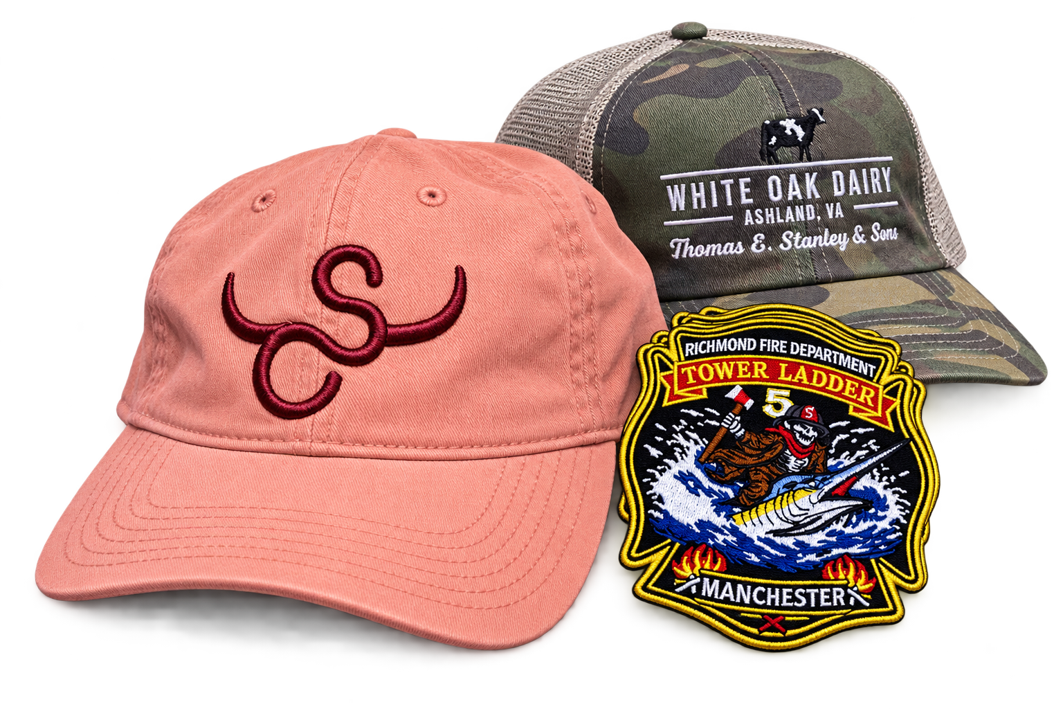 Examples of custom embroidery digitizing and finished stitched designs